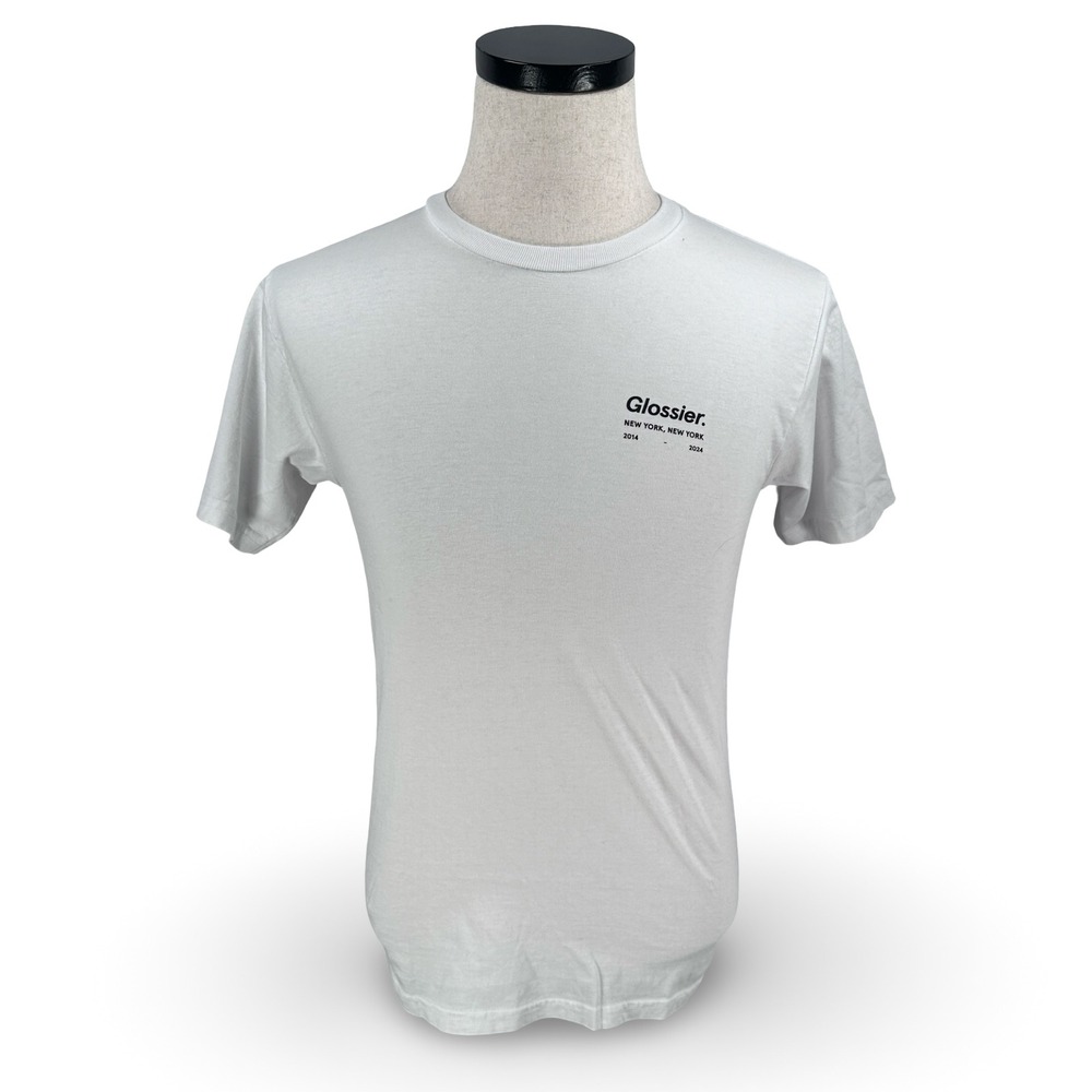 Glossier 10th Anniversary T-Shirt White Graphic Logo 2014-2024 Mens XS New York